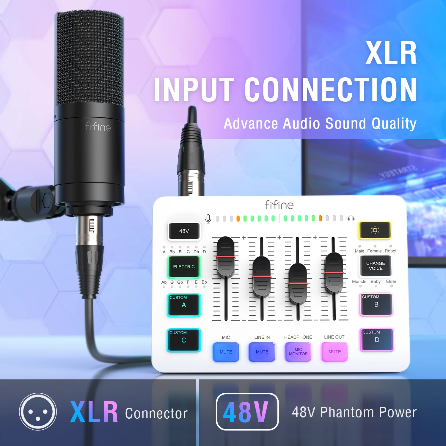 FIFINE USB Sound Mixer With 4-Channels/XLR Microphone Interface/RGB - Sc3w